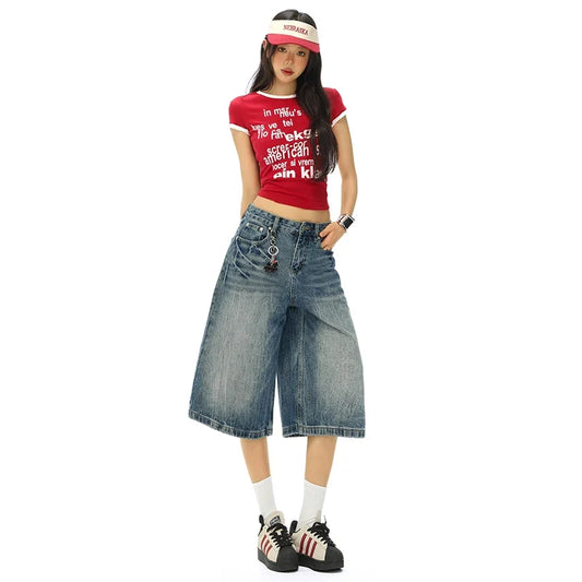 Vintage Washed Loose Straight Leg Denim Capri Men Women Lightning Print Streetwear Shorts
