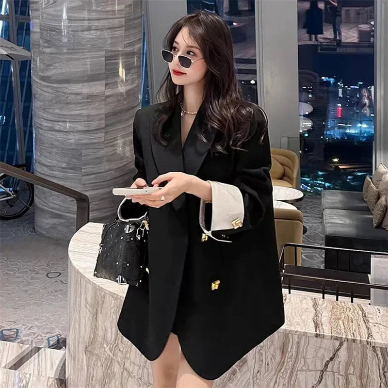 Black Casual Commuter Loose Fit Premium Suit Jacket Spring Autumn New Style Korean Version Fashionable Polyester Fiber Full Slee