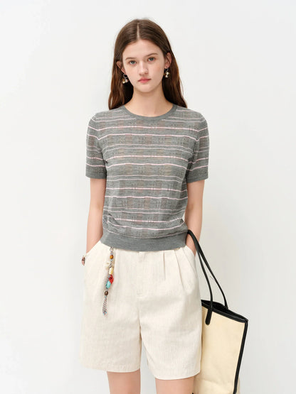2026 Summer Women's Textured Cut-out Round Neck Short Sleeve Knit Top Soft Lightweight Breathable Blouse Elegant Style