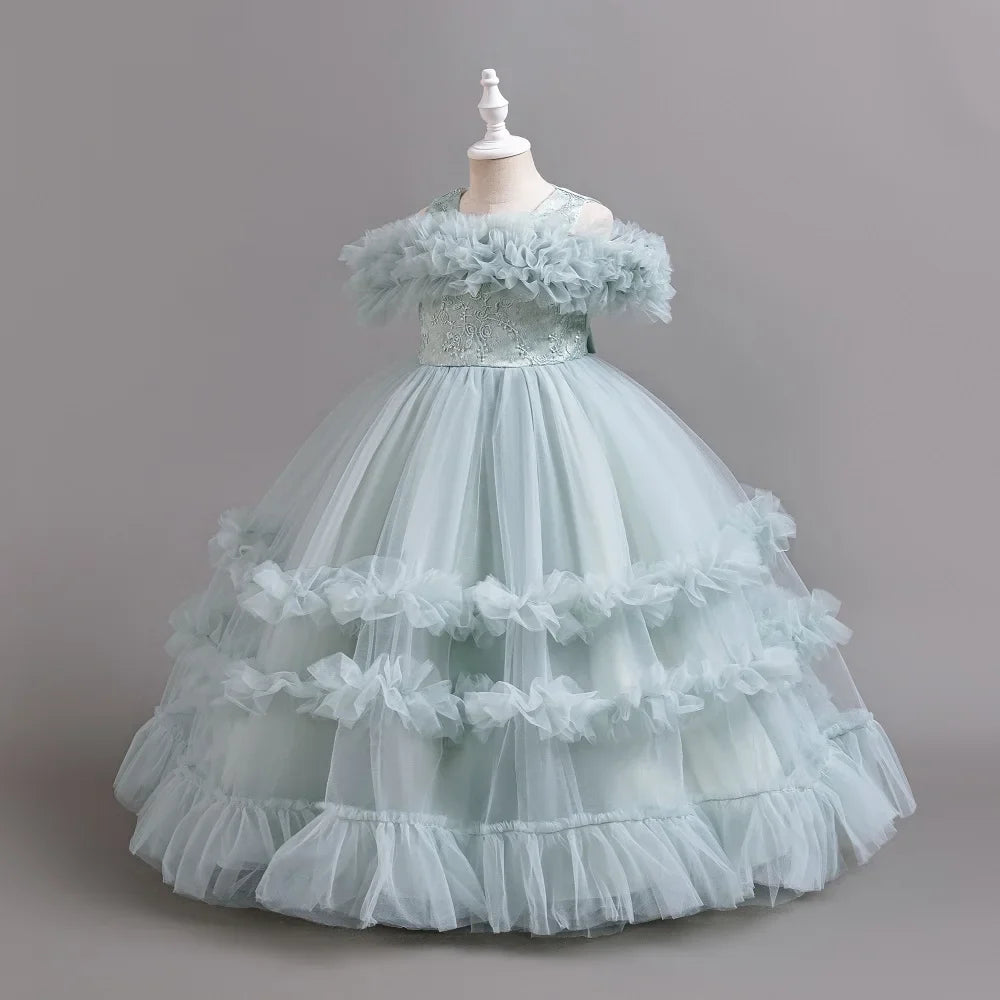 New Elegant Dress for Girls Flower Wedding Long Embroidered Panto Skirt 4-12 Years Old Piano Performance Girl Dress