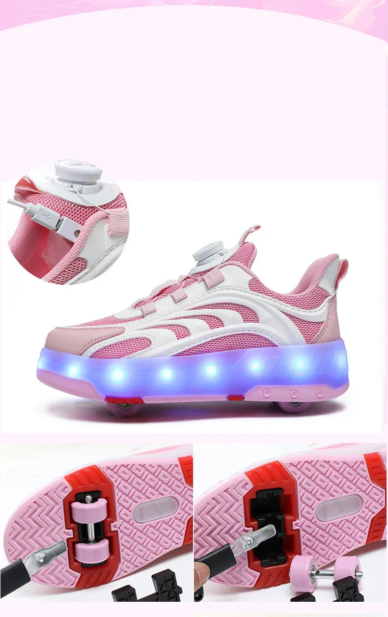 New Kids Wheels Roller Skate Shoes Boys Girls Swivel Buckle LED Light Luminous rechargeable Outdoor Children's Casual Sneakers