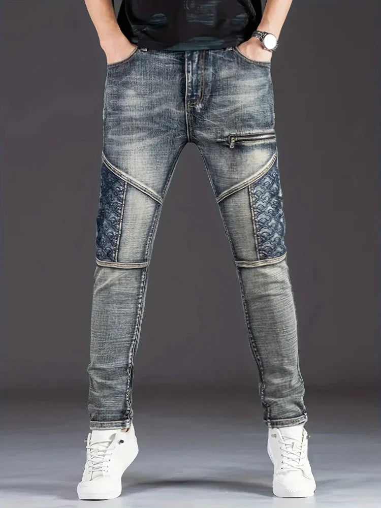 Streetwear Men's Motorcycle Jeans Stretch Nostalgic Fashion Casual Denim Trousers Slim Straight Patchwork Washed Cowboy Pants