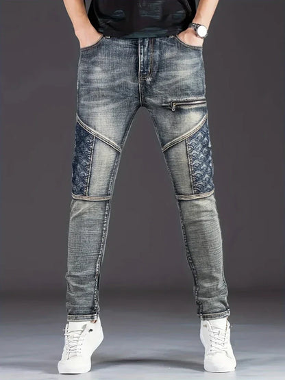 Streetwear Men's Motorcycle Jeans Stretch Nostalgic Fashion Casual Denim Trousers Slim Straight Patchwork Washed Cowboy Pants