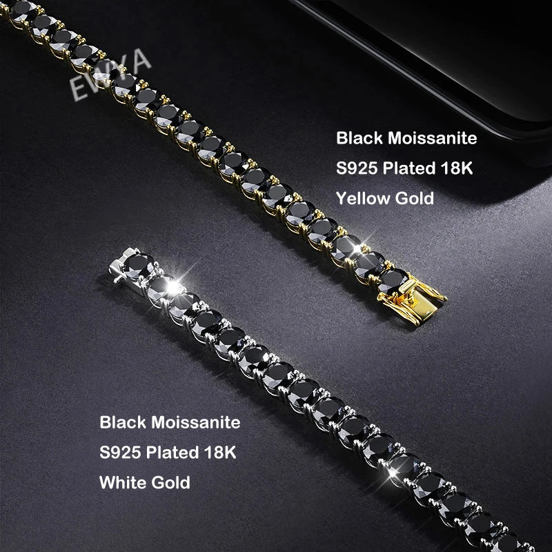 GRA Certified 3/4/5mm Full Black Moissanite Tennis Bracelet for Women Men 925 Silver Plated 18K Rose Gold Link Bracelets