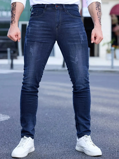 2025 Spring Autumn Men's Fashion Ripped Skinny Jeans Street Style Vintage Wash Solid Denim Casual Slim Fit Pencil Pants 28-36
