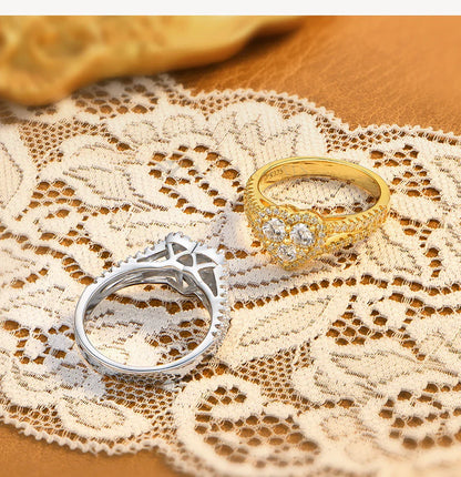 Three Stone Heart Halo Moissanite Ring for Women Round Cut S925 Silver Half Enternity Wedding Band Holiday Gift Jewelry