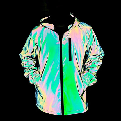 Men's Night Reflective Windproof Hooded Jacket Hip-hop Streetwear Couple Trend Coat for Outdoor Cycling Jogging Safety Clothing