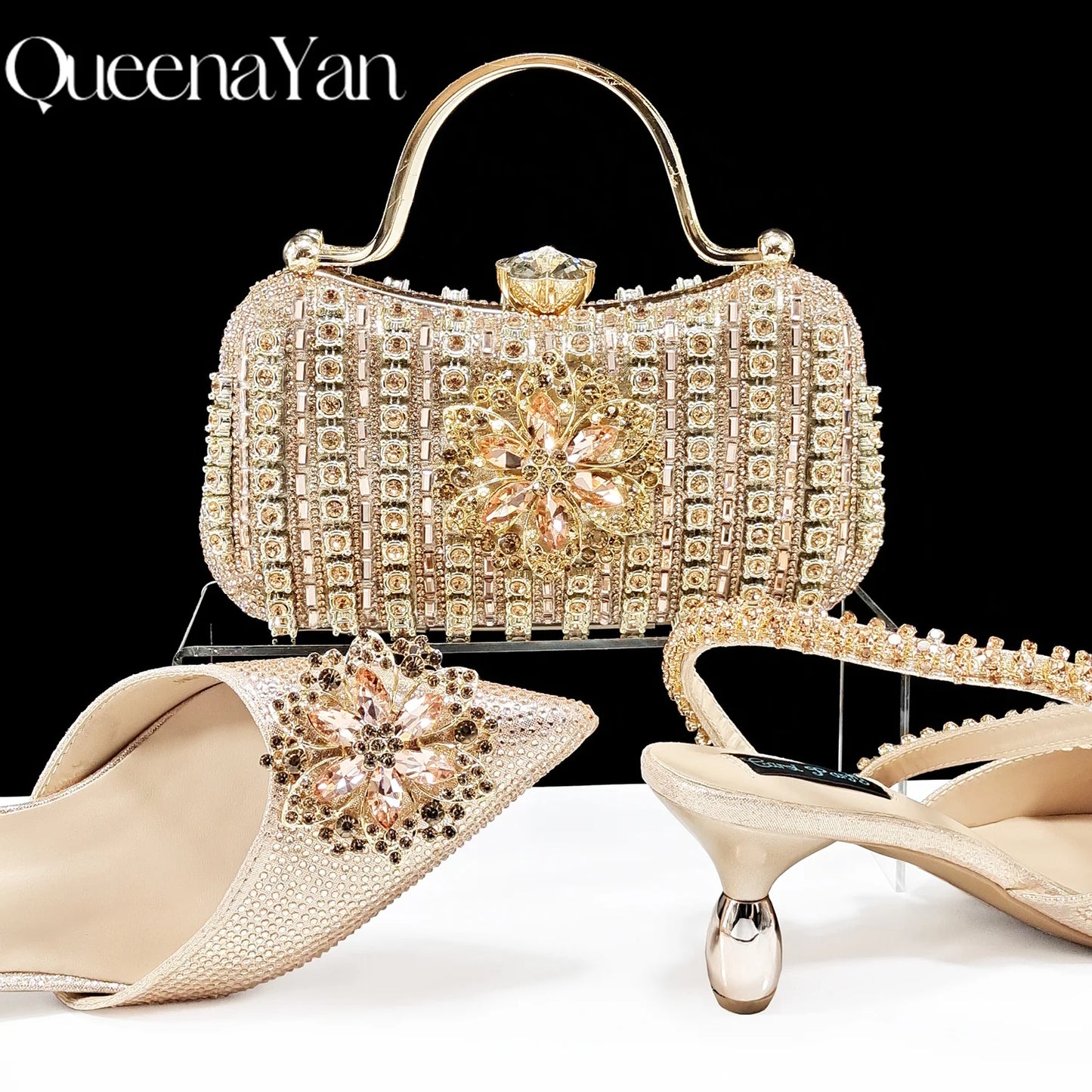 2024 Party Perfection: Rhinestone-Embellished Heels and Gold Mini Bag for Elegant Nights