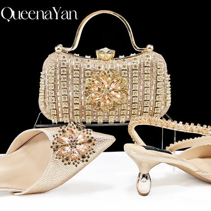 2024 Party Perfection: Rhinestone-Embellished Heels and Gold Mini Bag for Elegant Nights