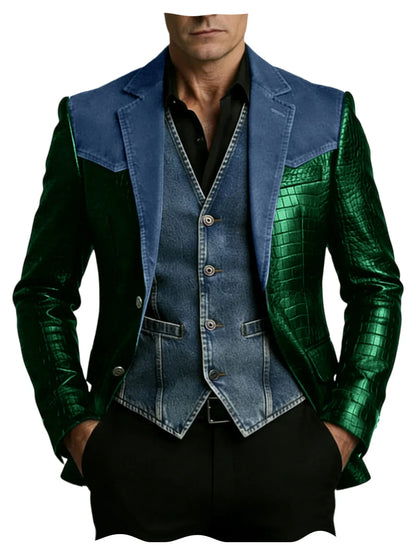 Men's Patchwork Denim & Crocodile Leather Blazer Two-Tone Western Style Suit Jacket Vintage Casual Fashion Coat