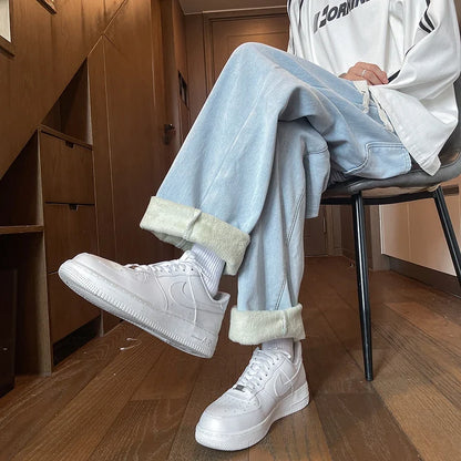 Thick Winter Straight Men's Jeans Fleece Warm Loose Plush Trousers Fashion Casual Wide-leg Plush Denim Pants Male