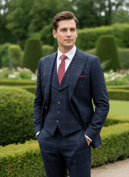 High Quality 3 Piece Checkered Suit Set Dark Blue Stylish Business Office Wedding Formal Outfit Elegant Full Man Dinner Suit