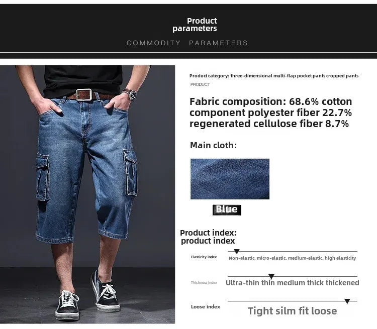 Amazon Summer Thin Loose-Fit Multi-Pocket Work Denim Shorts Casual Jeans Men's 5-Piece 7-Piece Ankle Length Blue Straight Leg