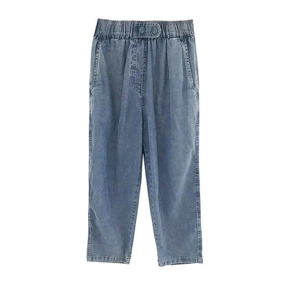 Summer Plus Size Jeans Woman Casual Loose Baggy Denim Harem Pants Elastic Waist Thin Cotton Mom Jeans Women Ankle-Length Slacks