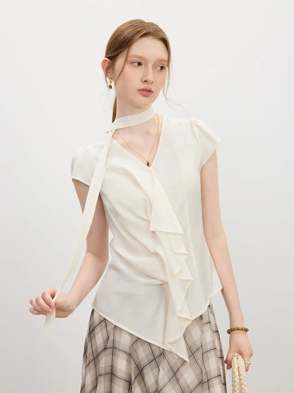 Ruffled V-neck Shirt for Women 2025 Summer New Arrival Elegant Temperament Commuting Flying Sleeve Slim Chic Top 25FS12683