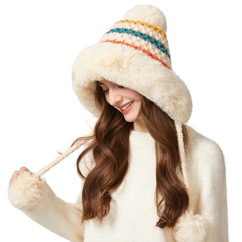 Three Pompoms Skullies Beanies Thick Warm Winter Hat Women Russian Fur Hat Ladies Knitted Hat Female Snow Ski Earflap Cap