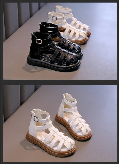 British Style Children's Sandals Girl 2024 Summer Kids Hollow-out Beach Shoes Fashion Causal Girls High-top Simple Roman Sandals