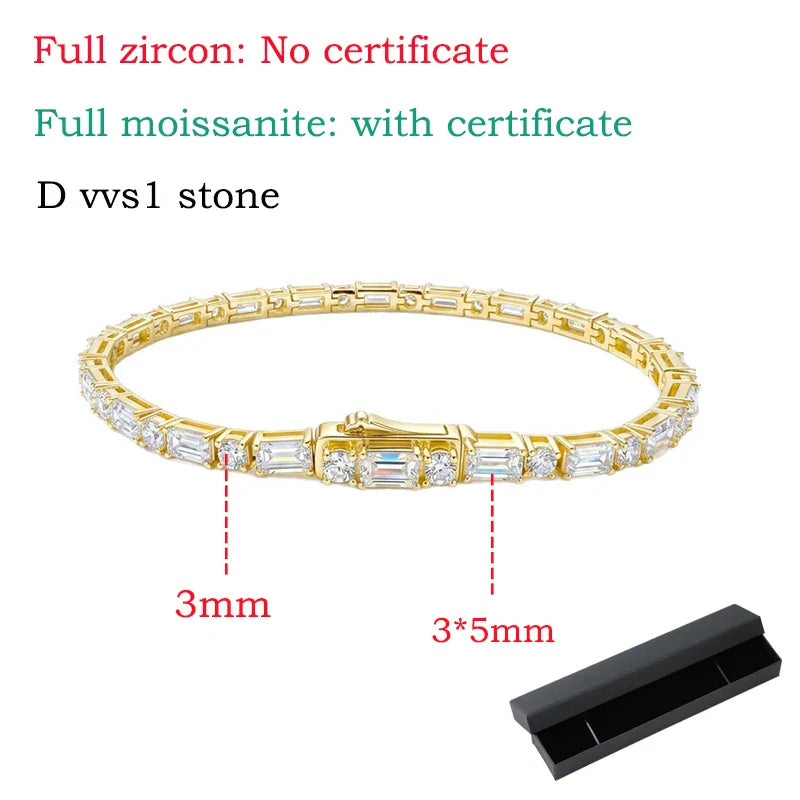 Emerald Cut Original Moissanite Tennis Bracelet for Women Men Hip Hop Jewelry Full Diamond Chain S925 Sterling Silver