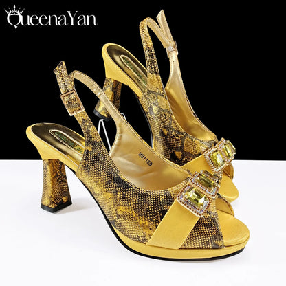 New Luxurious Italian Women's Party Shoes&Bag Set Elegant Golden Rhinestone  Sandals with Peep Toe High Heels Wedding