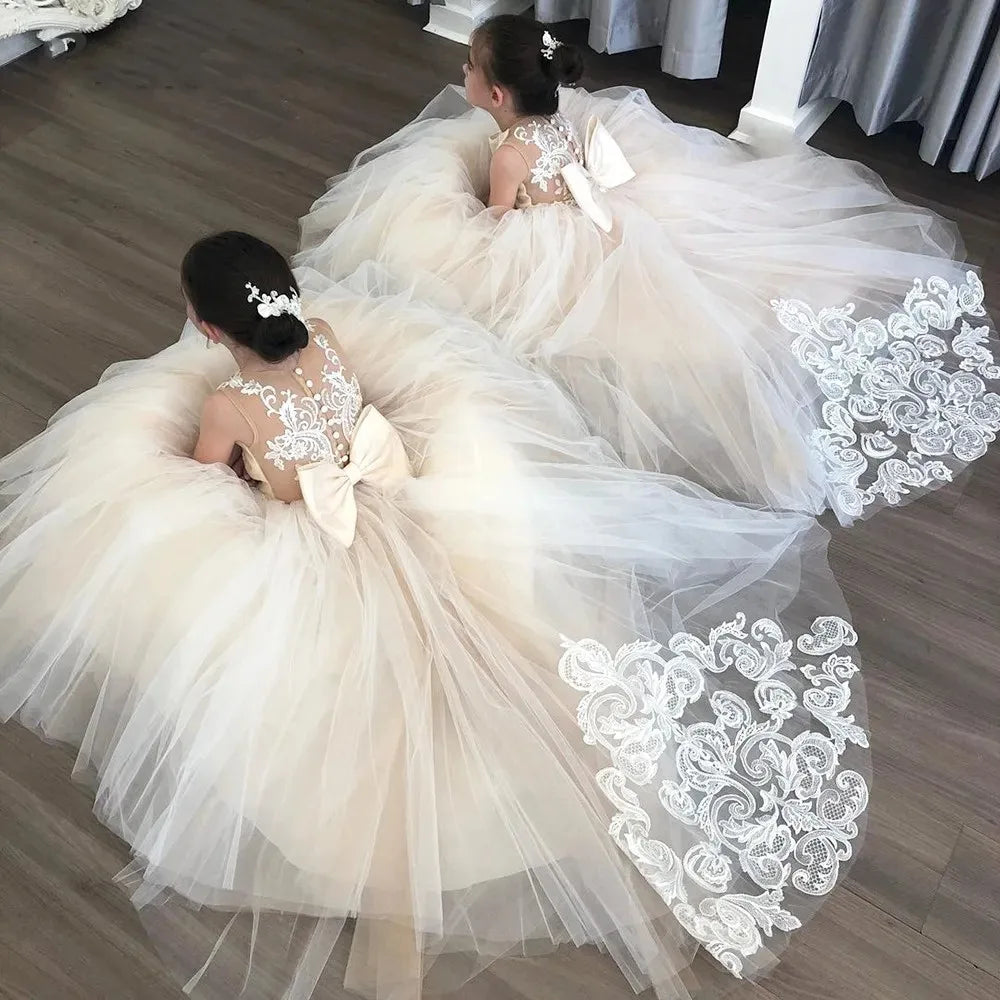 Lace Tulle Flower Girl Dresses With Bow Birthday Princess Ball Gown Sleeveless Kids First Communion Gowns for Wedding