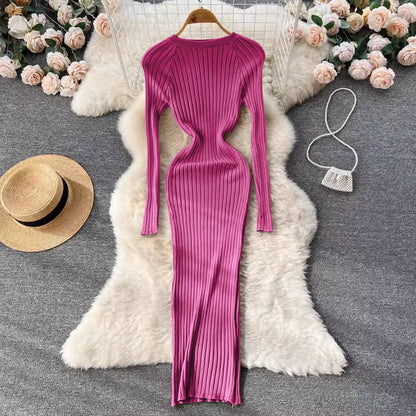 Winter Women Knit Maxi Dress O Neck Autumn Long Sleeve Slim Solid Harajuku Ladies Fashion Pencil Sweater Long Dresses