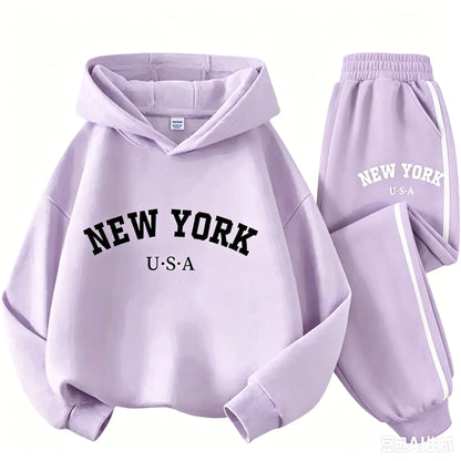 Children Hoodie Set Autumn Winter New York USA Letter Graphic Sweatshirt Pant Suit Baby Boy Girl Kid Sport Two Pieces Tracksuit