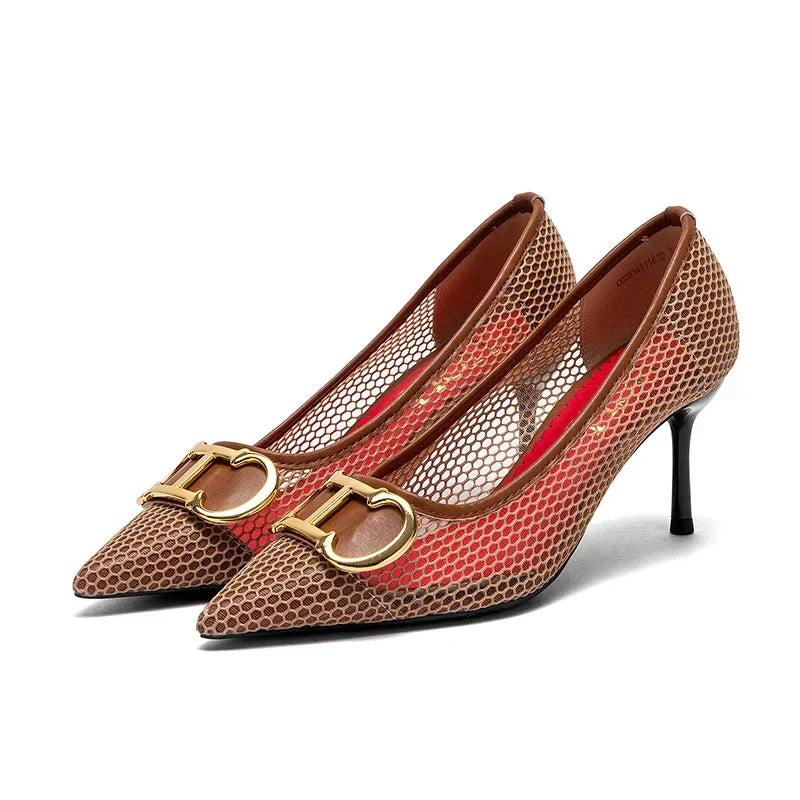 High Heels Red 2025 Spring New Hollow Business Women's Shoes 7cm Red Evening Shoes net