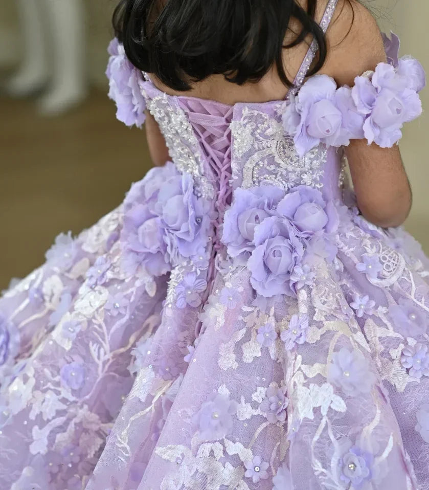 Lavender Flower Girl Dresses for Wedding Floral Appliques Bead Floor Length Girl Kids Birthday Party First Holy Communion Gowns