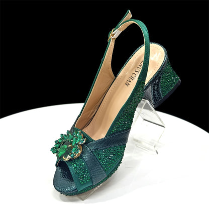 2025 Elegant Green Peep-Toe Heel Pumps for Women with Diamond Accents - Italian Matching Shoes and Bags Set for Parties
