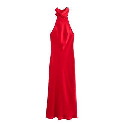 Dress for Women Fashion 2024 Autumn New Bow Sexy Backless French Elegant Halter Neck Satin Texture Midi Dresses