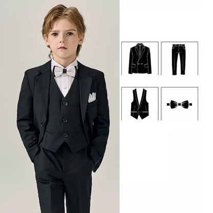 Boys Dark Green Jakcet Vest Pants Bowtie Evening Party Dress Children Wedding Photograph Suit Kids Ceremony Performance Costume