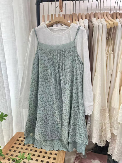 100% Cotton lace embroidery patchwork print slip dress mori girl autumn summer Japan style sweet petticoat dress cute clothes