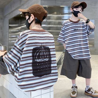 2026 Children Summer Clothes Set for Teen Boy Cotton Striped T-Shirt Shorts Two Pieces Outfit Suit Kids Clothing 5 7 9 11 13 14Y
