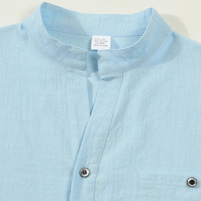 Men Mandarin Collar Long Sleeve Henley Cotton Linen Shirt Chest Pocket Breathable Beach Travel Daily Casual V Neck Top