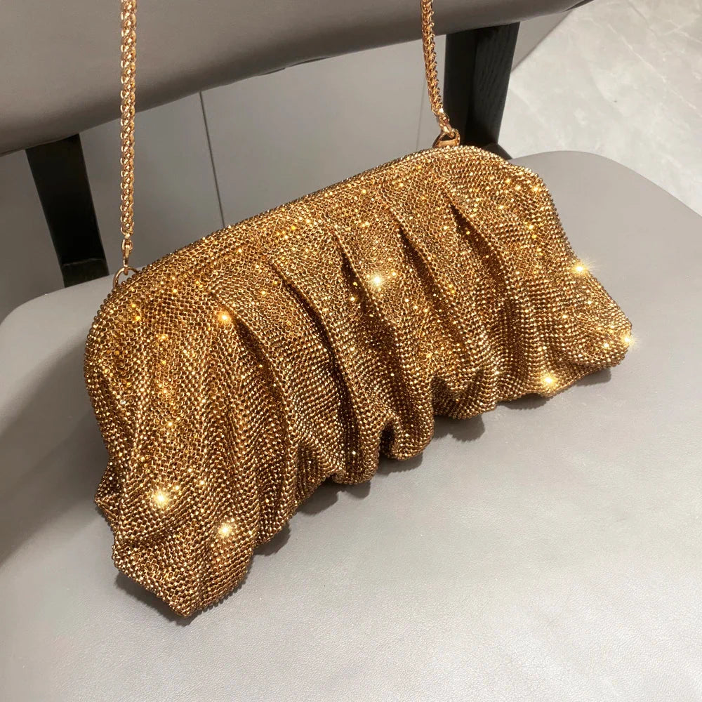Shiny Handle Rhinestones Handmade Evening Clutch Bags New Folds Purses And Handbags Luxury Designer Wedding Party High Quality