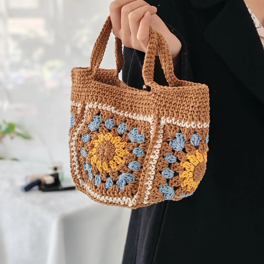 Boho Crochet Handbag for Women – Handmade Granny Square Tote Bag, Retro Knitted Shoulder Bag, Summer Casual Purse