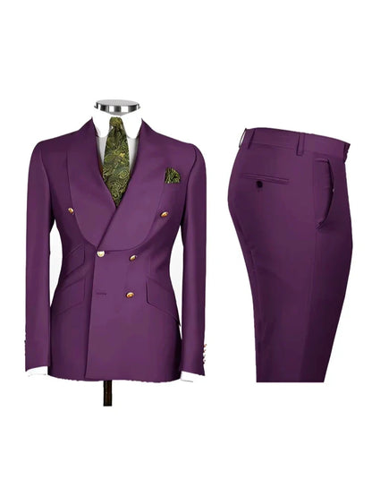 Smart Casual Solid 2 PCS Men Suits Formal Groom Tuxedos Shawl Lapel Double Breasted Jacket Pants Business/Wedding Suits Set