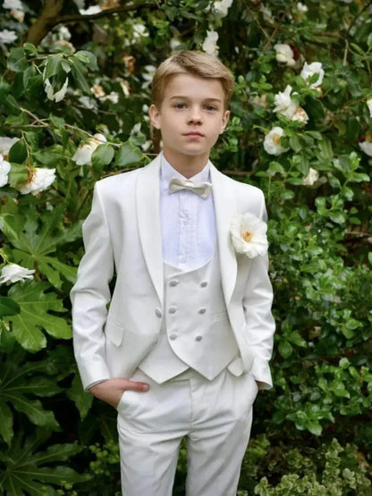 2025 New White Boys Suits 4 Pieces Jacket Vest Pants Bow-tie For Birthday Party Graceful Lapel Child Tuxedo Wedding Guest