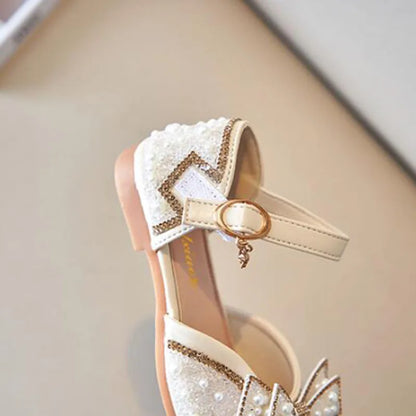 2026 New Summer Girls Sandals Cute Bow Pearl Sequins Kids Princess Shoes Flat Heels Dancing Shoes Size 21-36