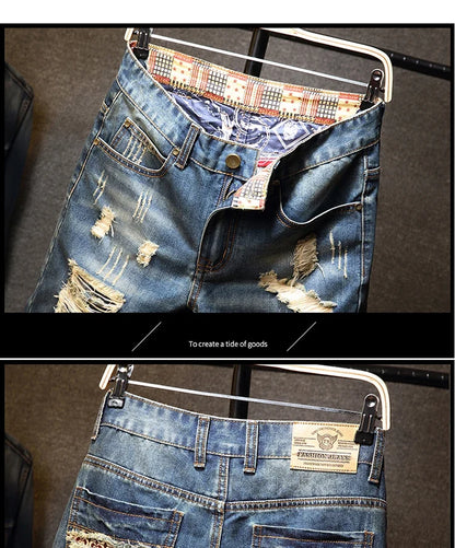 Streetwear Men's Ripped Denim Shorts Straight Slim Fashion Hip Hop Short Pants Big Hole Vintage Knee Length Jeans