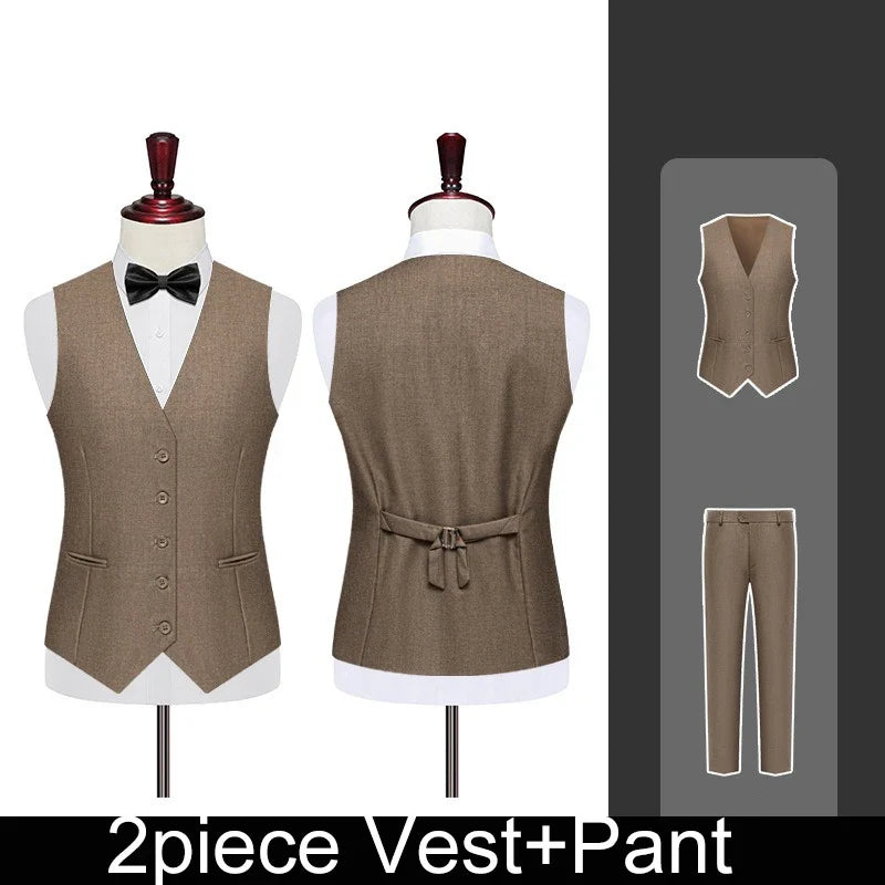 Men 2-piece Set British Style Single-breasted V-neck Vest Man Straight-leg Pant Male Slim Wedding Office Casual Outfit