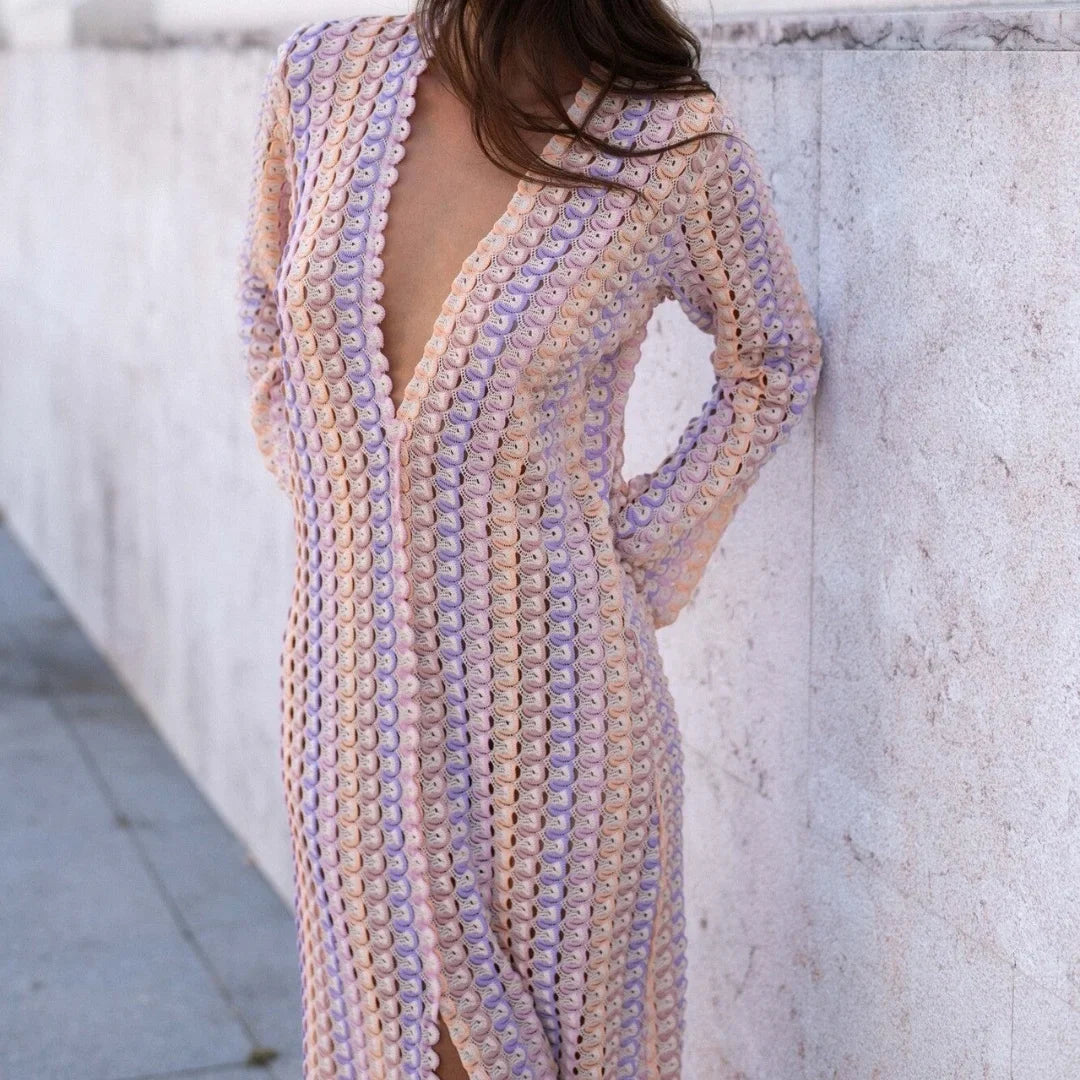 Crochet Colorful Stripe Maxi Dress Women Flare Sleeve Deep V-neck Split Sexy Long Dresses Spring Autumn Beach Banquet Vestidos
