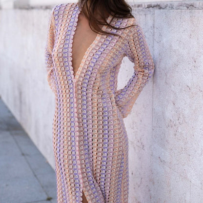 Crochet Colorful Stripe Maxi Dress Women Flare Sleeve Deep V-neck Split Sexy Long Dresses Spring Autumn Beach Banquet Vestidos