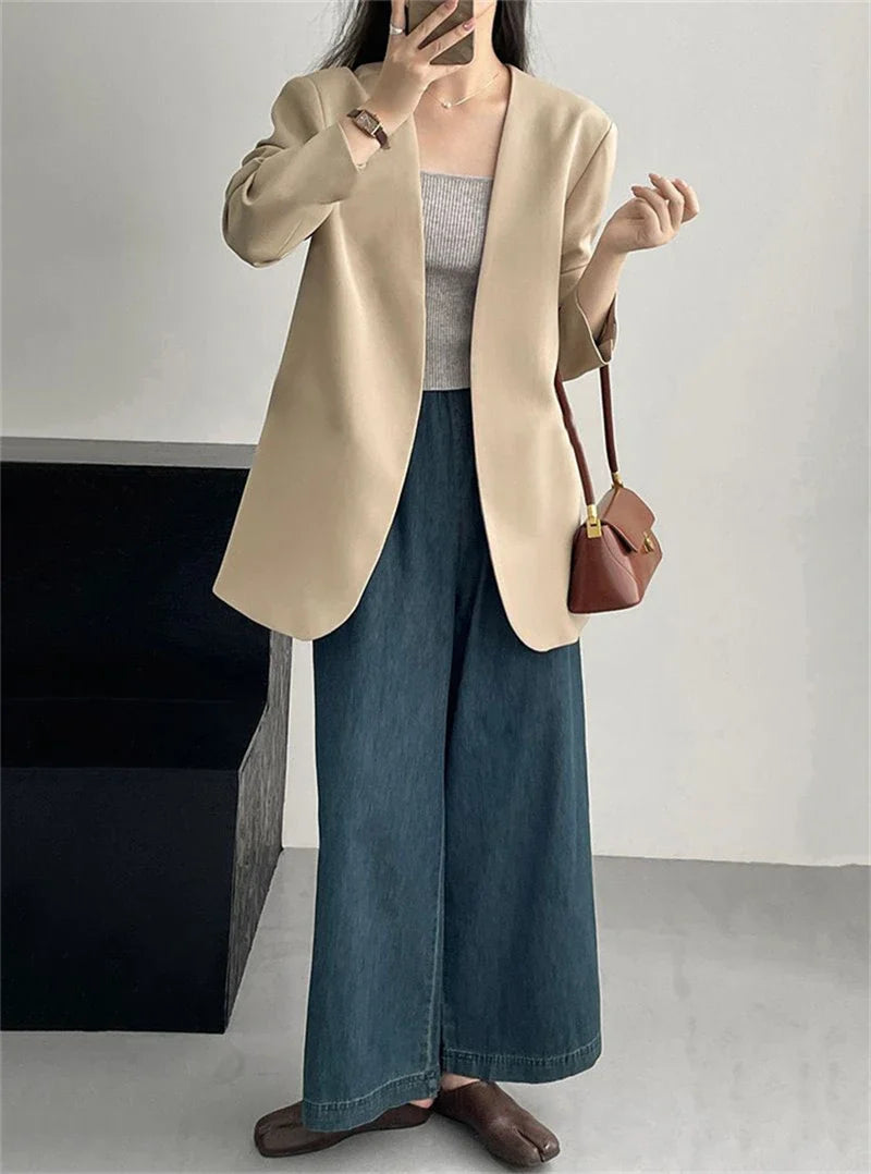 Fashion New Solid Casual Joker Women's Blazer Spring Autumn No Placket Cardigan Suit Jackets V-neck Long Sleeve 19-Color Coats