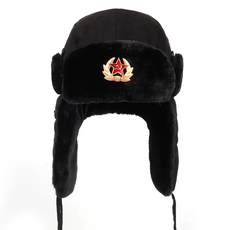 Sovjet Militaire Badge Rusland Bomber Hoeden Pilot Trapper Aviator Cap Winter Faux Konijnenbont Oorklep Sneeuw Caps Hoed