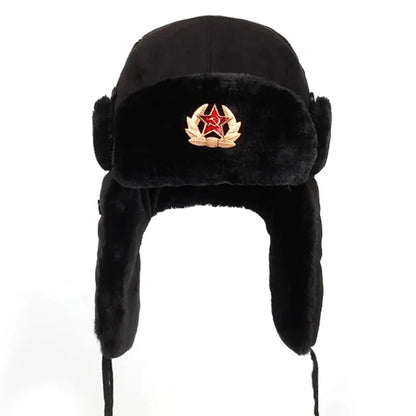 Sovjet Militaire Badge Rusland Bomber Hoeden Pilot Trapper Aviator Cap Winter Faux Konijnenbont Oorklep Sneeuw Caps Hoed