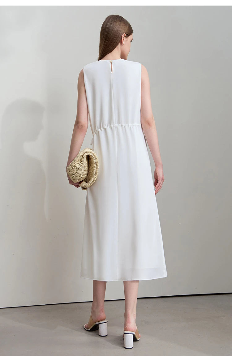 Minimalism Dresses 2025 Summer Vocation Women Loose Long Dresse Sleeveless High Waist Design Bead Drawstring Dress 12542177