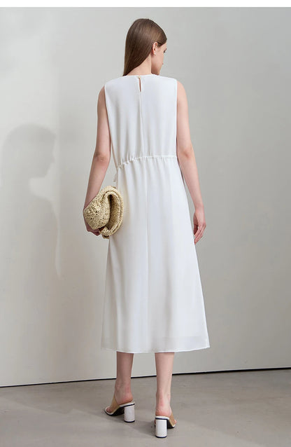 Minimalism Dresses 2025 Summer Vocation Women Loose Long Dresse Sleeveless High Waist Design Bead Drawstring Dress 12542177