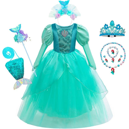 Kids Mermaid Dress Halloween Long Sleeve Princess Costume Children Luxury Fluffy Tulle Frocks Child Mermaid Birthday Party Gown