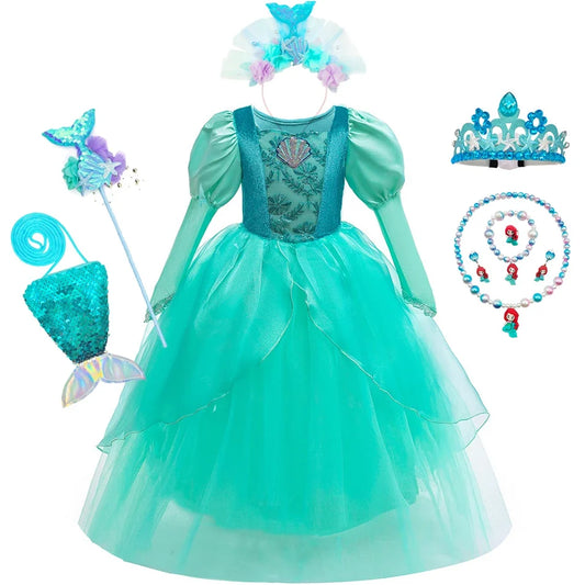 Kids Mermaid Dress Halloween Long Sleeve Princess Costume Children Luxury Fluffy Tulle Frocks Child Mermaid Birthday Party Gown